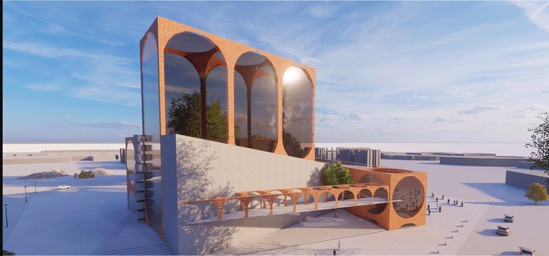 A raised pedestrian bridge connects programmatic volumes, symbolizing both physical and ideological interconnection between faiths.