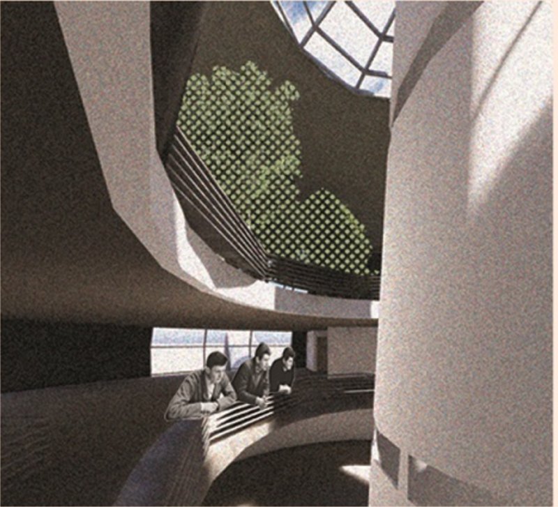 Communal interior view featuring passive lighting and natural ventilation within the Spider habitat.