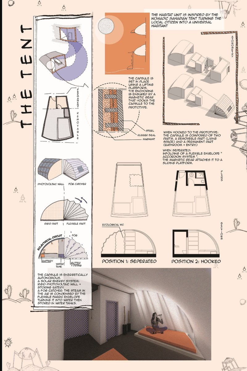 The modular tent unit offers off-grid living, integrating solar energy, fog catchers, and ecological WCs.