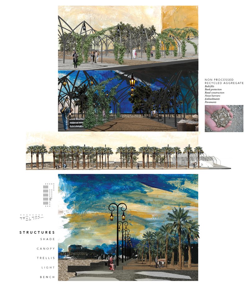 A forest of steel trellises and light filters, blending recycled materials and living canopies into a communal marketplace.