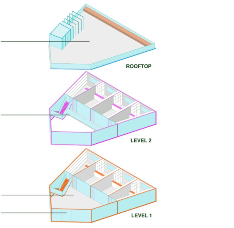 Exploded axonometric drawing showing rooftop and two levels with stairs and interior partitions