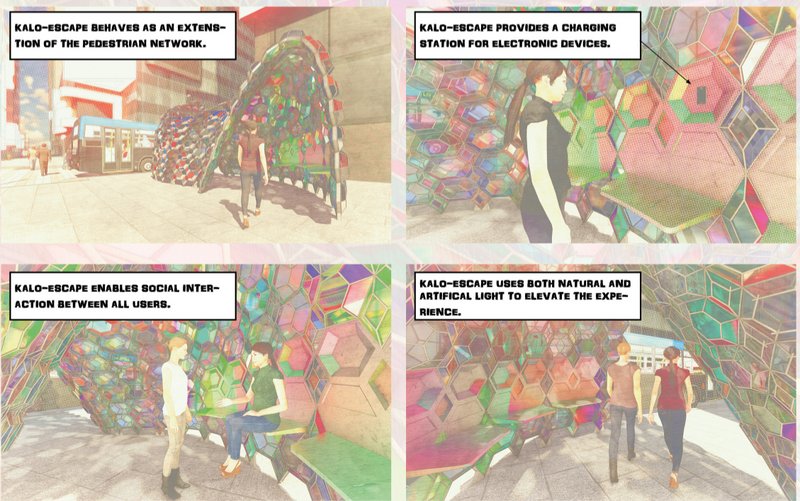 Kalo-Escape supports pedestrian movement, enables device-free interaction, offers charging points, and uses light as experience.