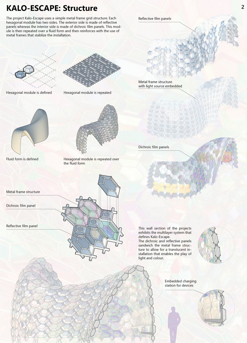 The installation’s hexagonal modular structure blends reflective and dichroic materials over a fluid metal frame.