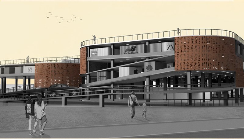Exterior view of the curved brick volumes with roof terrace railings and figures in the foreground