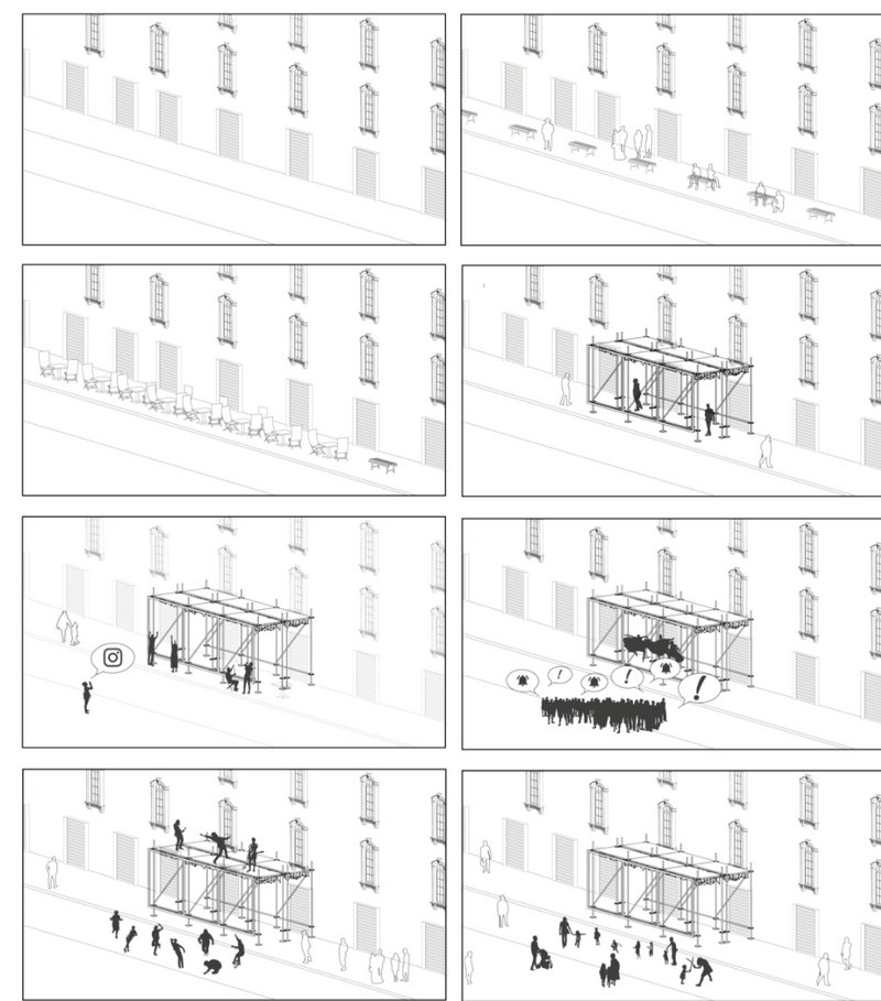 Sequential diagrams showing how PROP activates unused scaffold spaces into dynamic social zones.