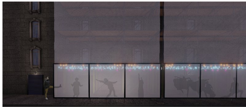 Translucent screens and lights create a temporary stage for public expression and interaction.