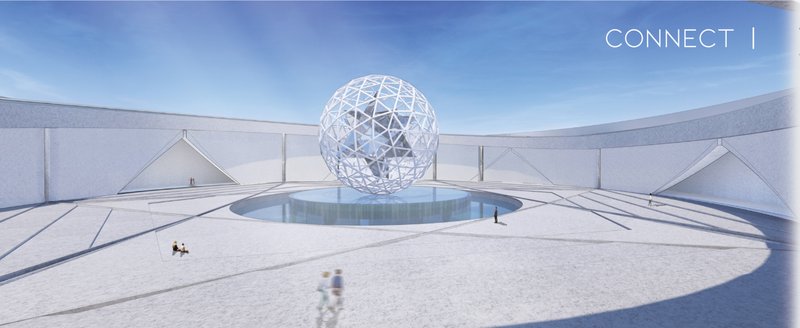 A floating sphere of sacred geometry symbolizes oneness and cosmic consciousness at the core of the structure.