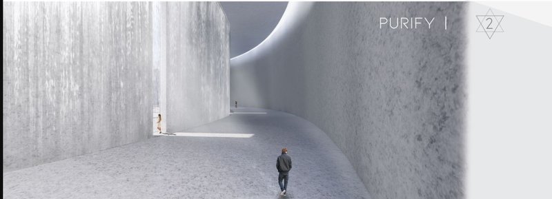 Curved granite walls and cascading waterfalls cleanse energy fields, embodying spiritual purification.