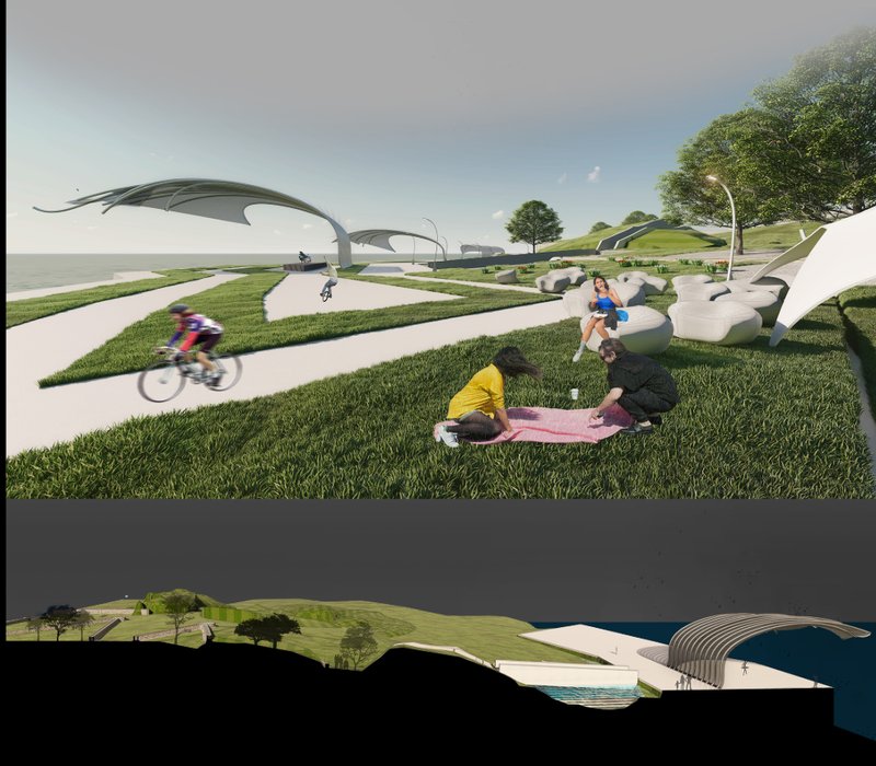 Cyclists and families activate the undulating green spaces that merge recreation with reflective design.
