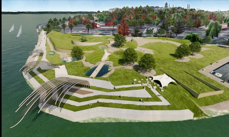 A terraced waterfront integrates seating, water elements, and modern pavilions into a responsive coastal edge.