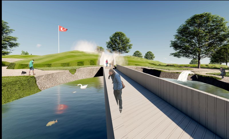 A serene footbridge over still waters leads to a mist-shrouded hill, blurring boundaries between memory and future.