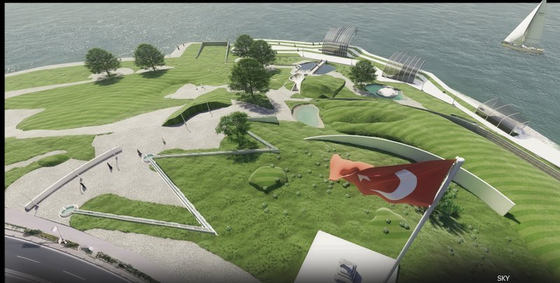 An elevated view showcasing the park's dynamic topography and symbolic water lines along Istanbul’s historical shoreline.