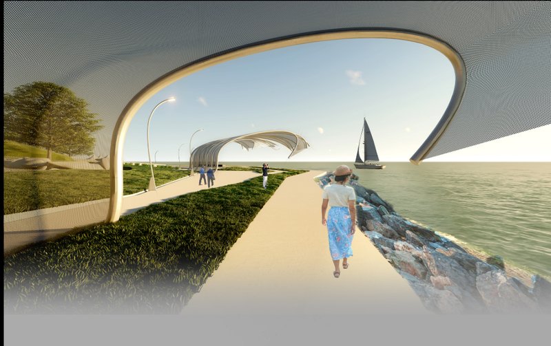 Pedestrians walk along a sculptural, tensile-canopy promenade blending shade, sea, and skyline into one immersive experience.