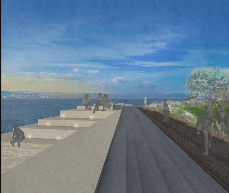 Elevated seating meets a wooden walkway, offering expansive coastal views and spaces for quiet reflection.