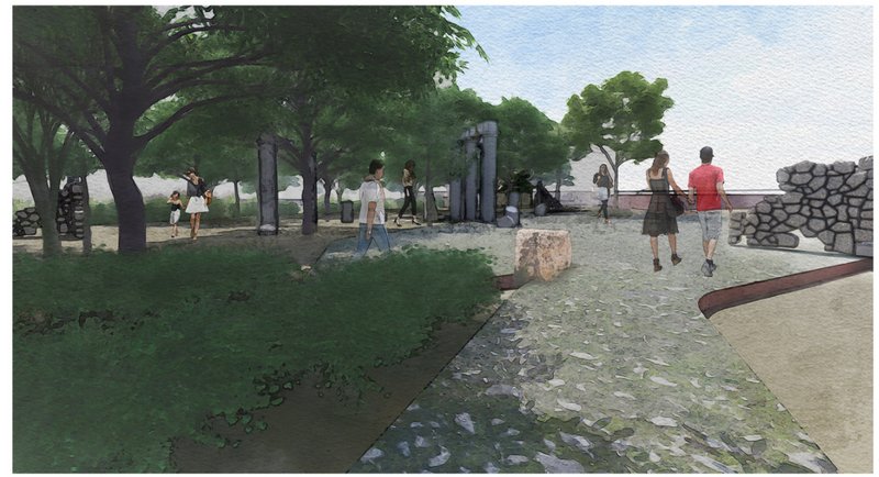 A heritage forest walk revives urban memory by embedding archaeological fragments within a lush, accessible green landscape.