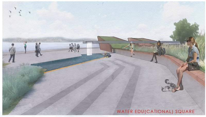 Interactive waterfront plaza designed to foster learning and engagement through sustainable water practices.