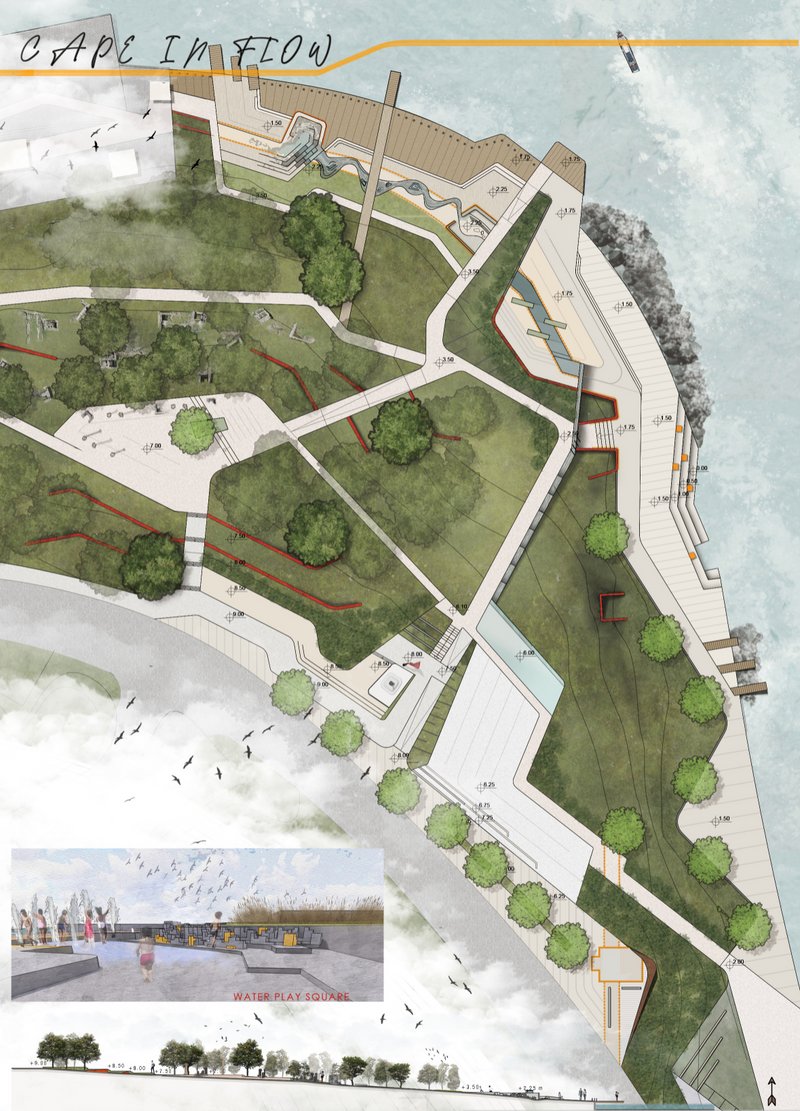 Masterplan of the revitalized cape featuring multi-level walkways, green zones, and a playful public water plaza.