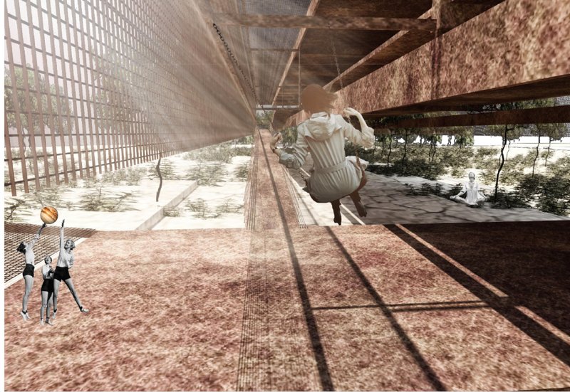 A recreational corridor layered with net swings and bamboo lattice, inviting active engagement within the architecture.
