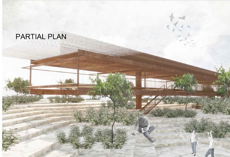 Elevated bamboo-lattice pavilion rising lightly above stepped landscape, merging structure with nature.