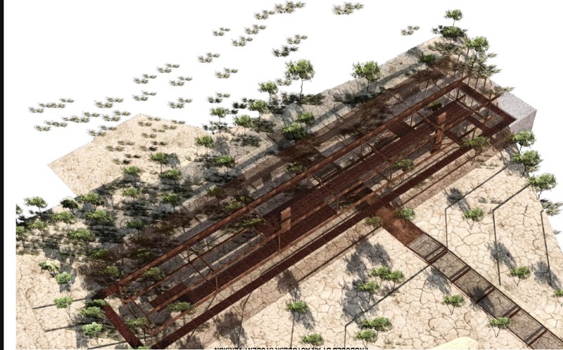Aerial perspective reveals the elongated, open-air layout blending with dry terrain and native vegetation.