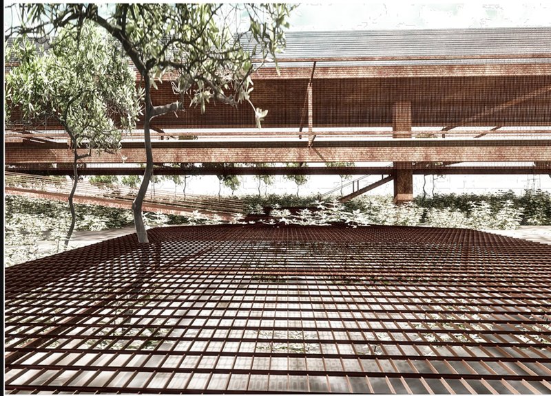 Side elevation showcasing the bamboo lattice skin and porous spatial design that embraces landscape and light.