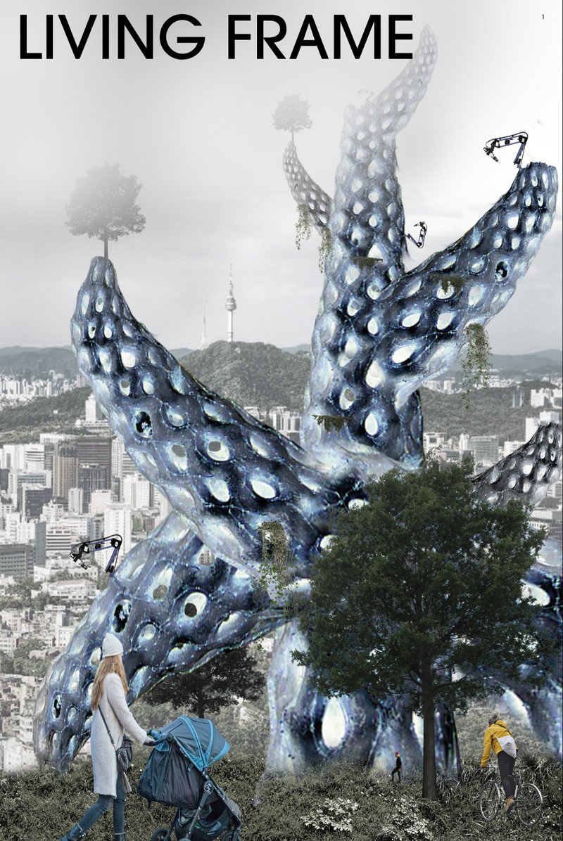 A towering AI-grown structure redefines urban nature, integrating humans, plants, and machines into a single living system.
