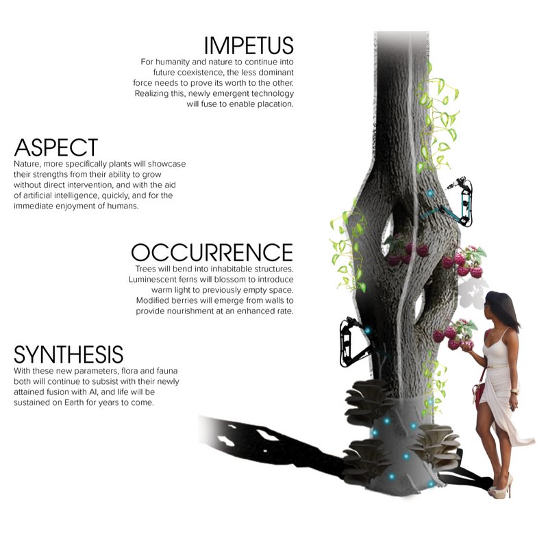 The symbiosis of AI and flora enables new forms of growth, structure, and sustenance in future ecological architecture.
