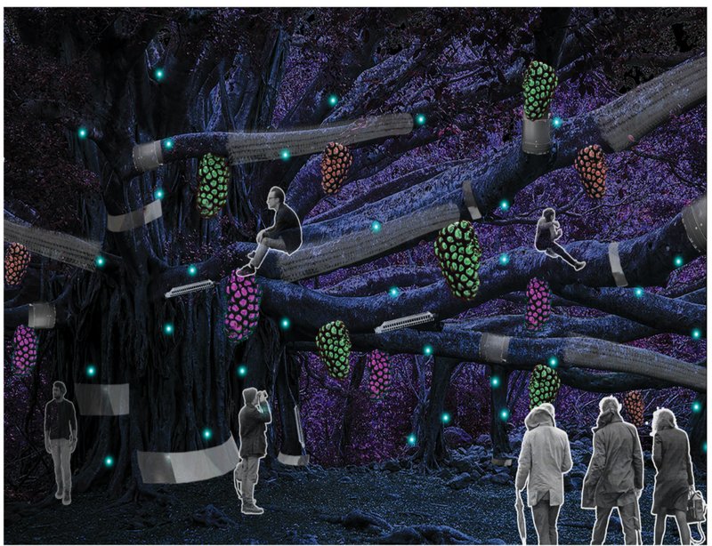 Glowing fruits and AI-guided limbs weave into nature’s fabric, creating interactive public realms at night.