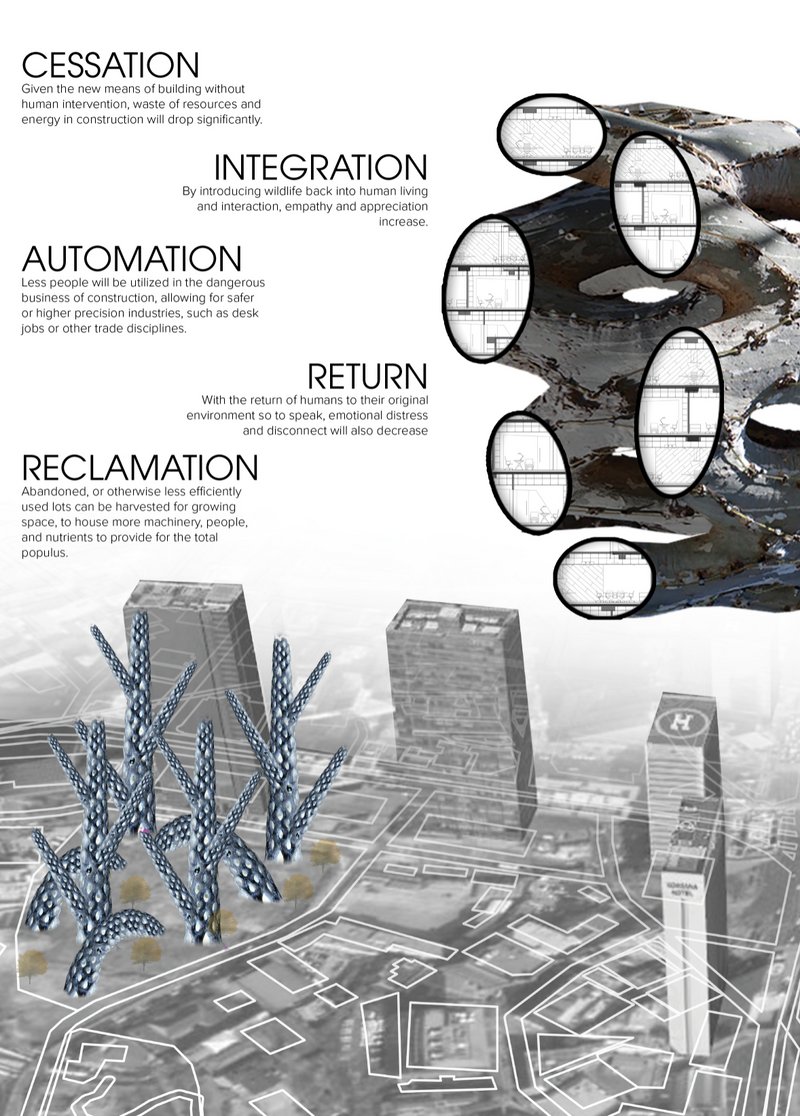 Living towers reclaim city plots, embedding growth chambers, wild systems, and autonomous spaces for future life.
