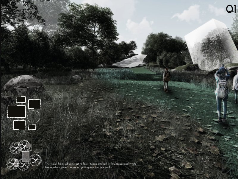 The transition from urban forest to an abstract realm, marked by scattered white forms, evokes a sense of entry into an altered dimension.