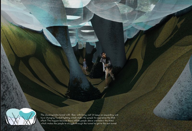 A claustrophobic tunnel with a dynamic roof distorts scale and pressure, forcing users to confront discomfort through shifting forms.