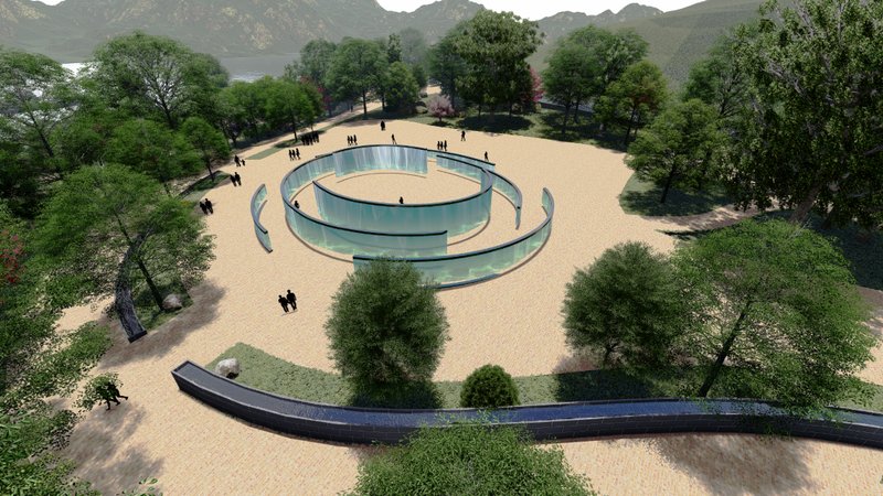 Aerial view of the spiral water structure inviting users into a reflective, one-way experience.