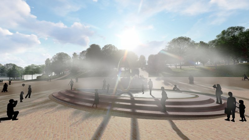 Central fountain ring surrounded by soft mist, inviting engagement and contemplation.