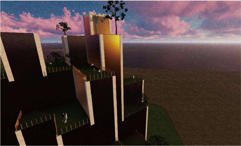Tiered platforms replicate mountain ledges, offering communal green spaces that connect sky and ground.