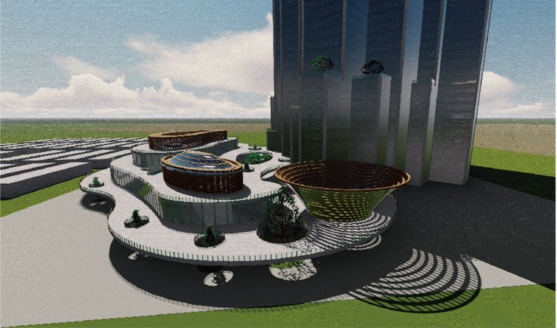 The base of the tower hosts cultural and commercial functions within fluid, woven forms resembling baskets and nests.