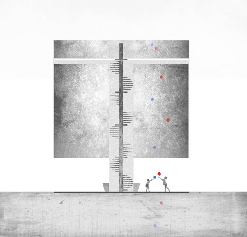 A vertical section of mirrored voids and floating presence — every action mirrored in space.