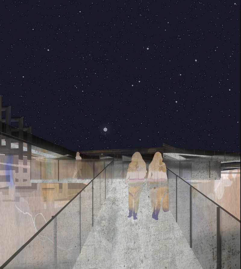 Nightwalks above concrete filters turn the space into a contemplative civic promenade.