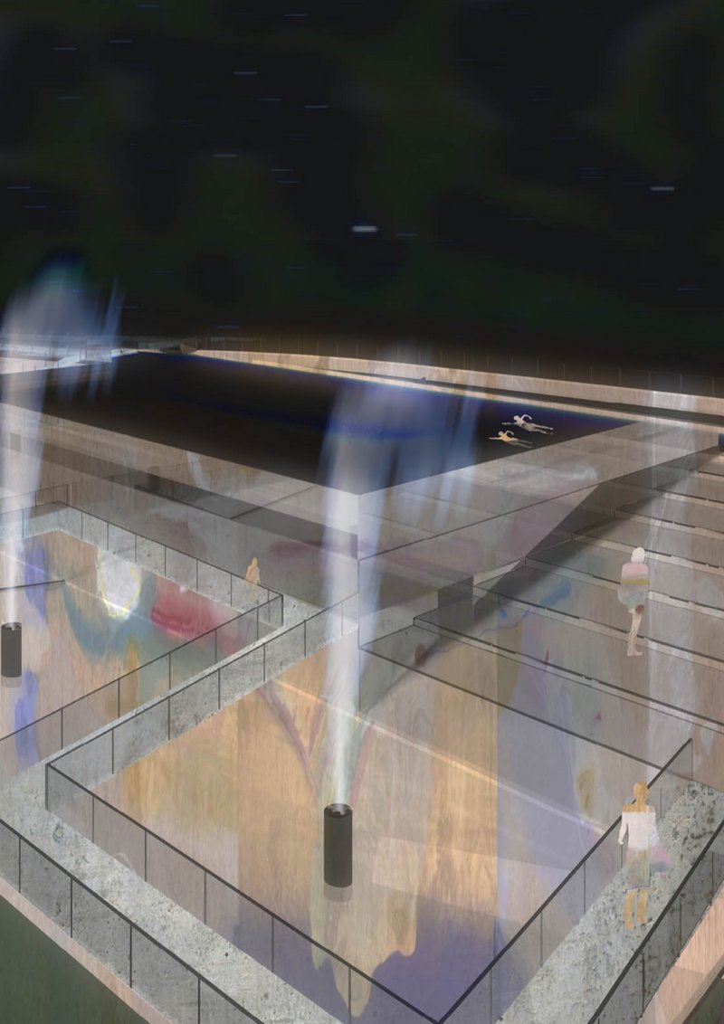 Mist, light, and movement activate the treatment pools at night.