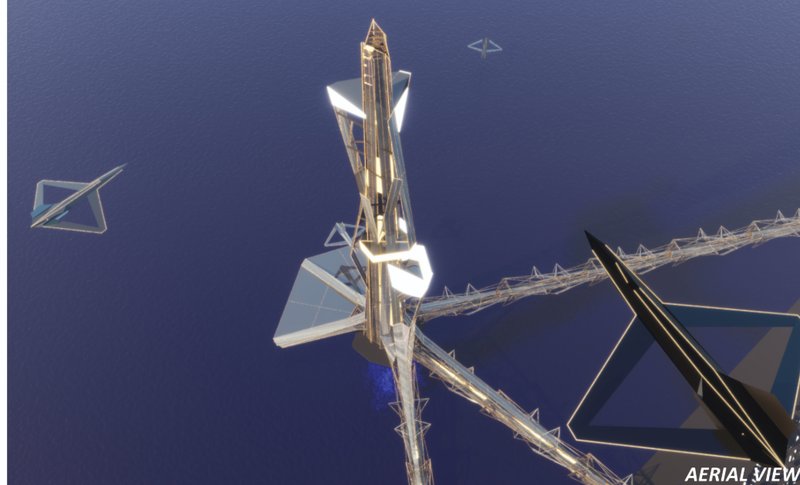Aerial view of the illuminated vertical tower with triangular wings extending from its core at dusk