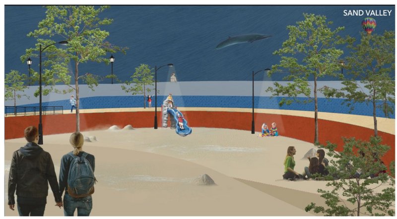 A playful desert-like terrain where sand replaces water, symbolizing the early stages of drought awareness.