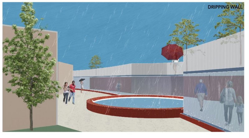 A seasonal installation where water flows only during rain, quietly evoking the scarcity and unpredictability of natural resources.