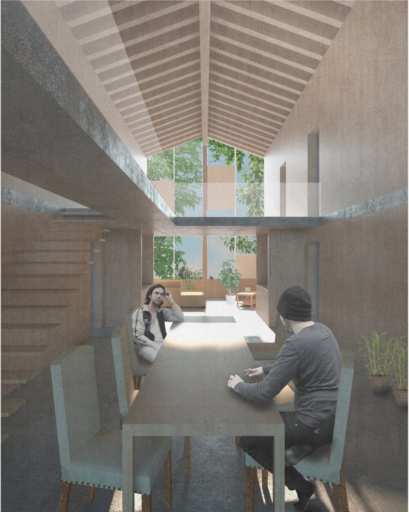 Shared dining and community space under a vaulted, naturally lit ceiling.