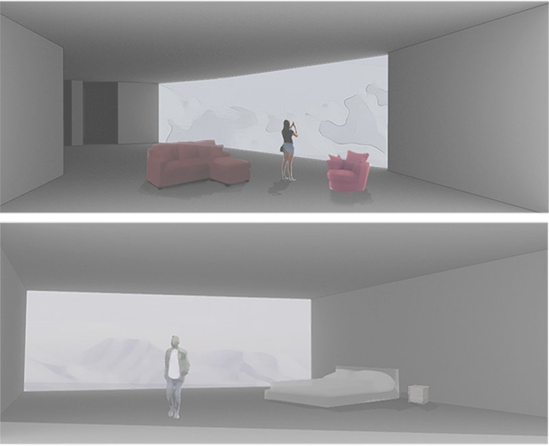 Interior rendering of a minimalist room with a figure standing before a large landscape projection
