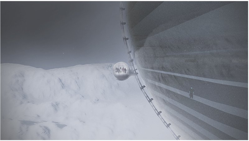 Aerial view of a reflective dome structure on a snow-covered roof with linear vents