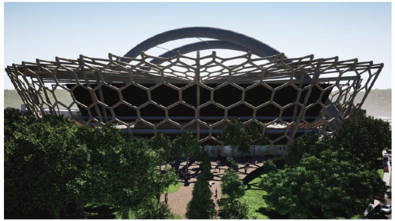 Close-up of the entrance highlighting the hexagonal structural lattice and shaded public gathering plaza.