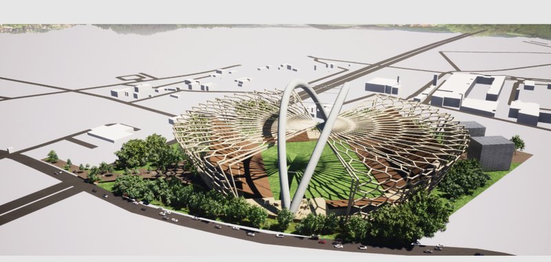 Top-down view showcasing the stadium’s organic form and integration with road networks and green buffers.