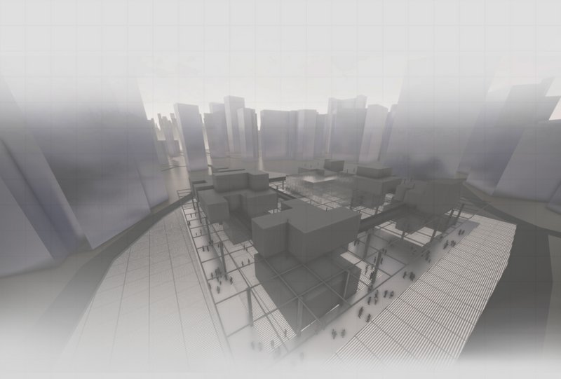 Bird’s-eye view showing modular components merging with dense urban surroundings.