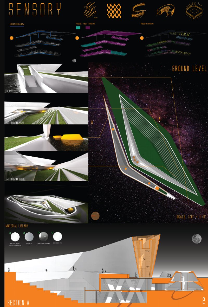 A zero-gravity amphitheater and immersive green roof introduce visitors to a skydiving-inspired architectural experience.