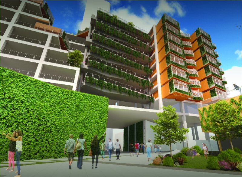 Vertical gardens line the structure, inviting residents and visitors into a breathable, biophilic environment.