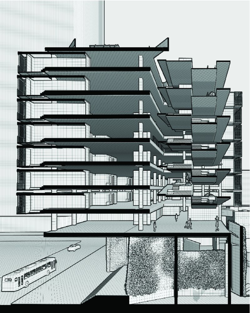 Structural reconfiguration of the parking garage reveals layered living spaces integrated with open community zones.